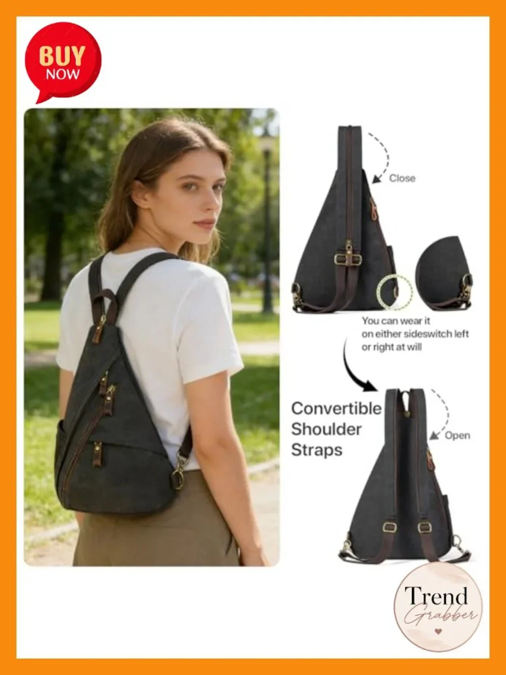 Canvas Sling Bag 3-in-1 Crossbody Backpack Chest Bag Leather Zipper Daypack